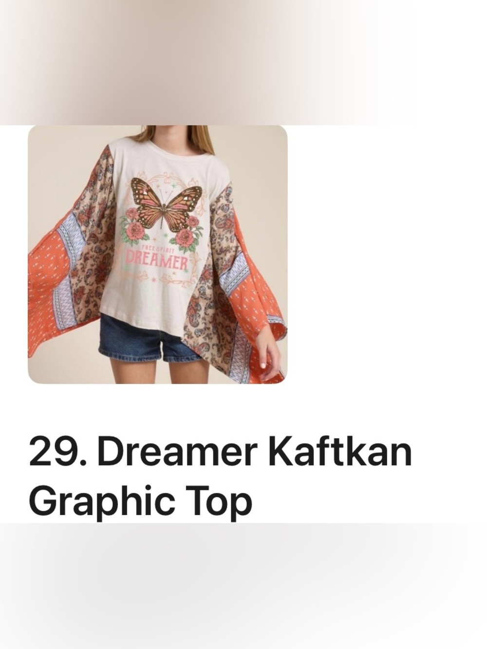 Dreamer Butterfly Kaftan Tee - Cream with Orange Patterned Sleeves